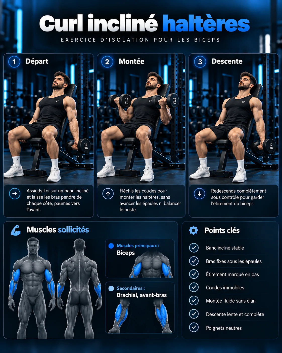 Guide visuel : Curl incliné haltères