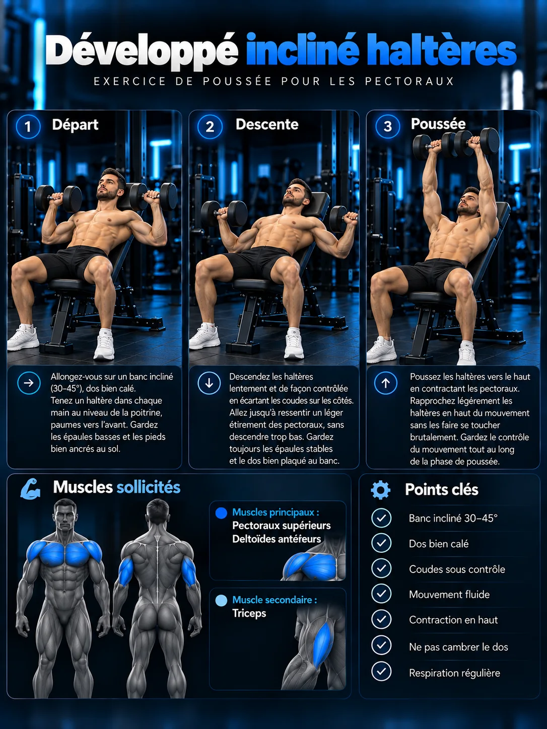 Guide visuel du développé incliné haltères