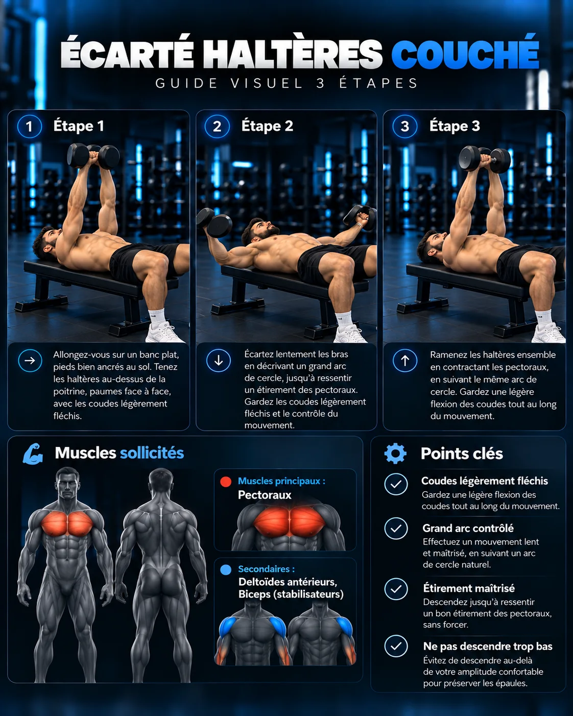 Guide visuel de l’écarté haltères couché