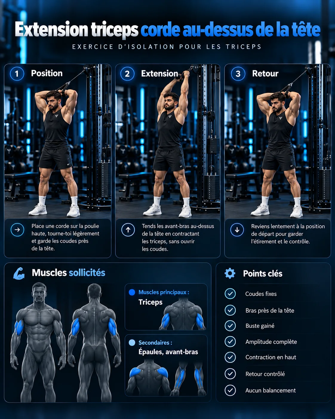 Guide visuel : Extension triceps corde au-dessus de la tête
