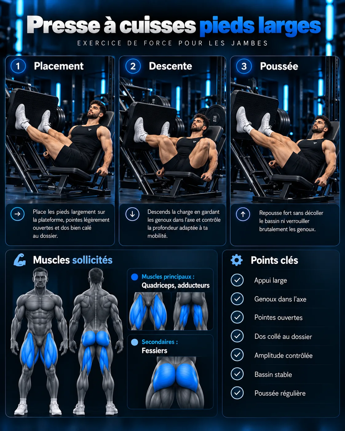 Guide visuel : Presse à cuisses pieds larges