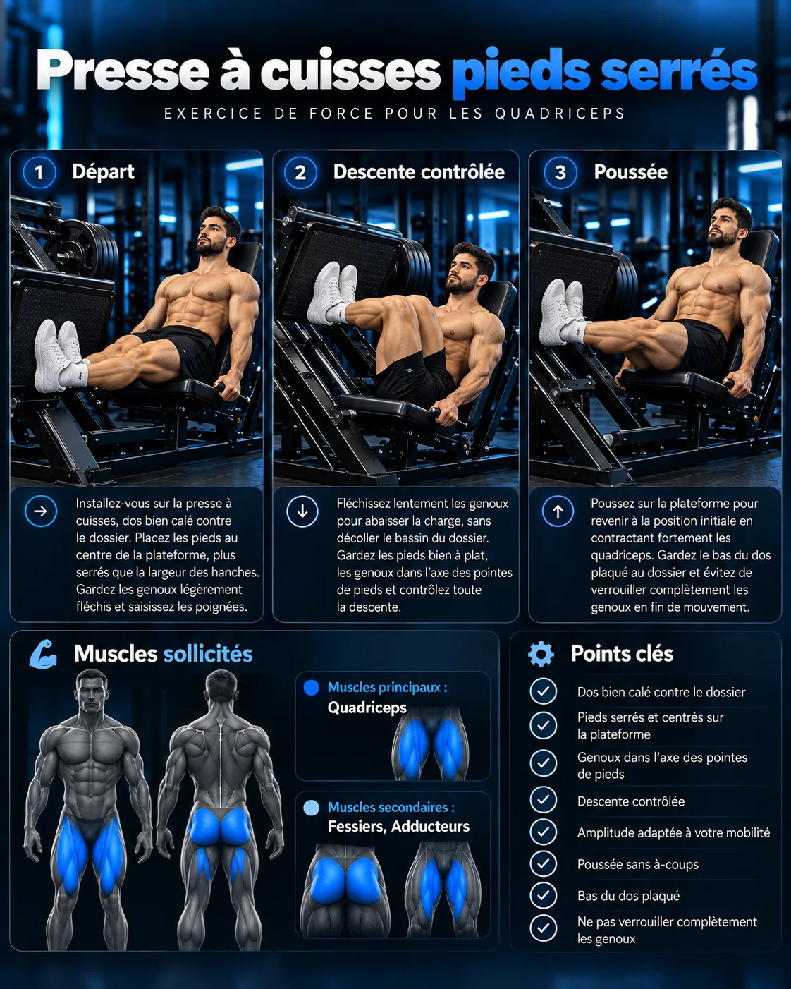Guide visuel de la presse à cuisses pieds serrés