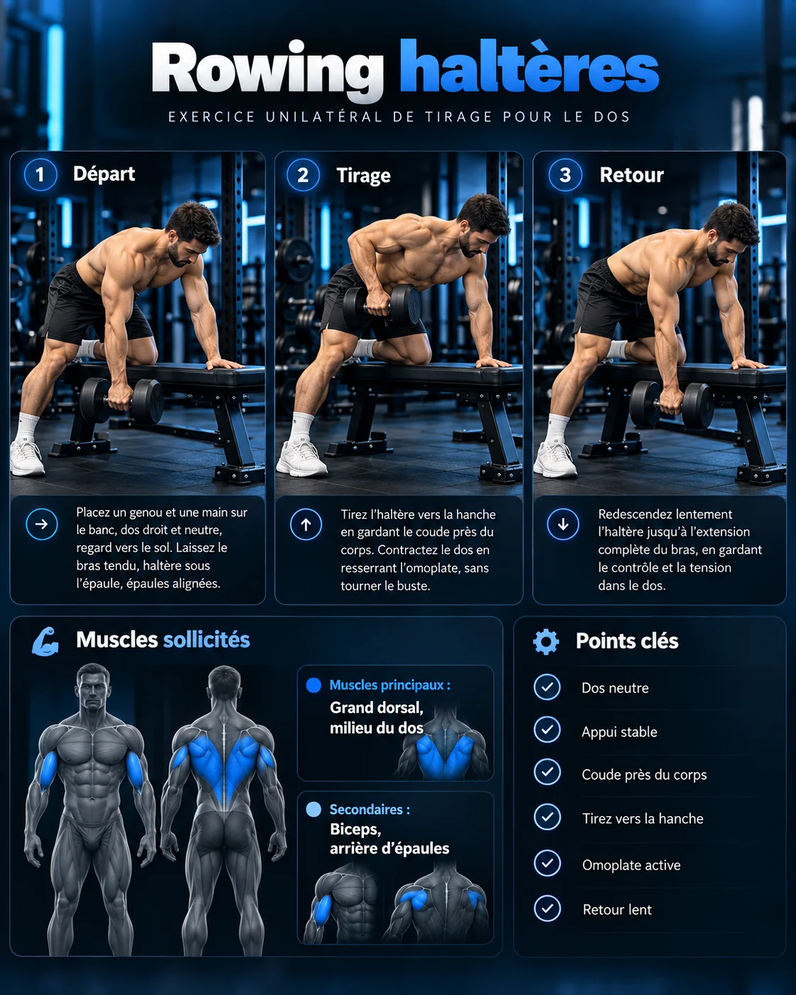 Guide visuel du rowing haltère unilatéral