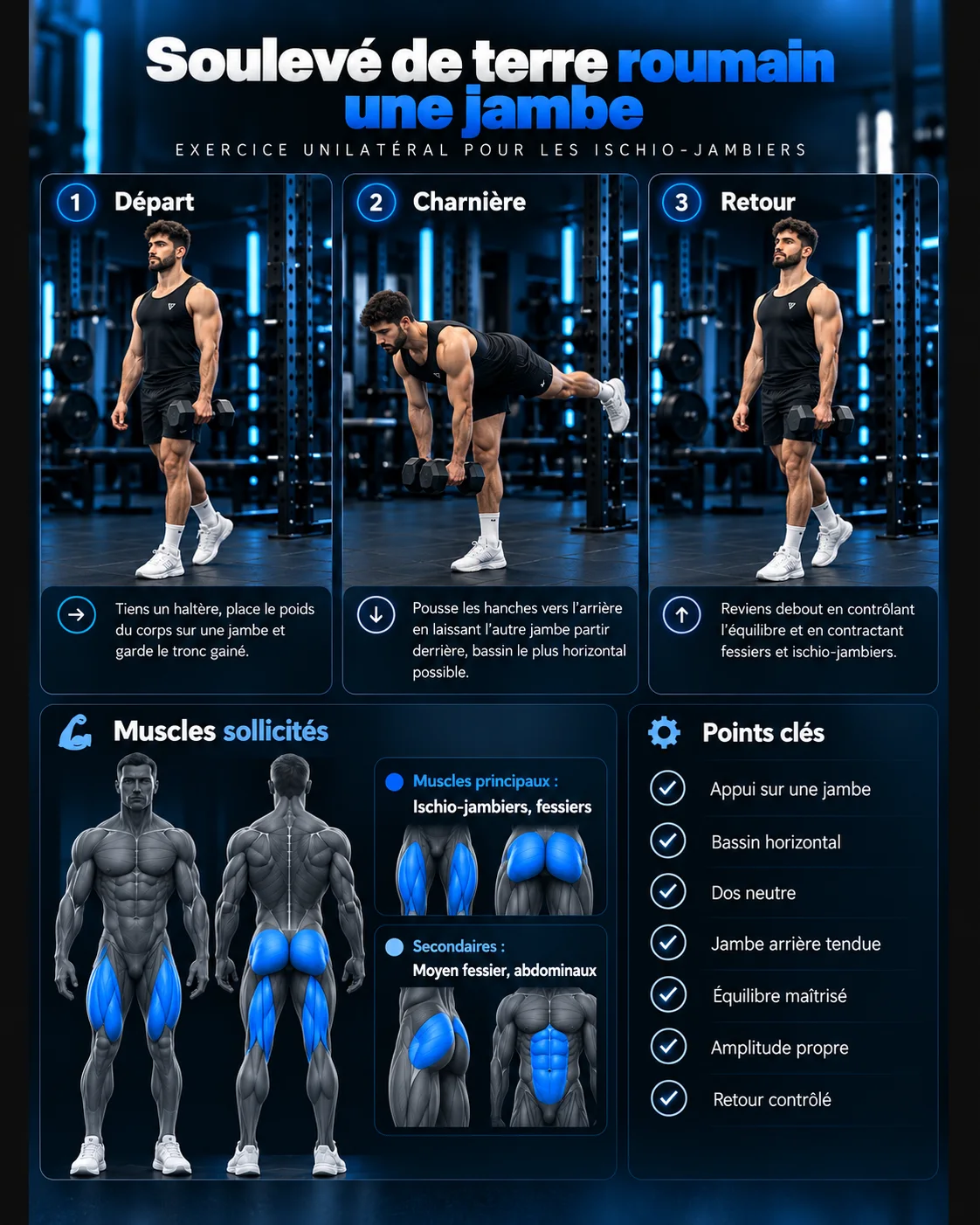 Guide visuel : Soulevé de terre roumain une jambe